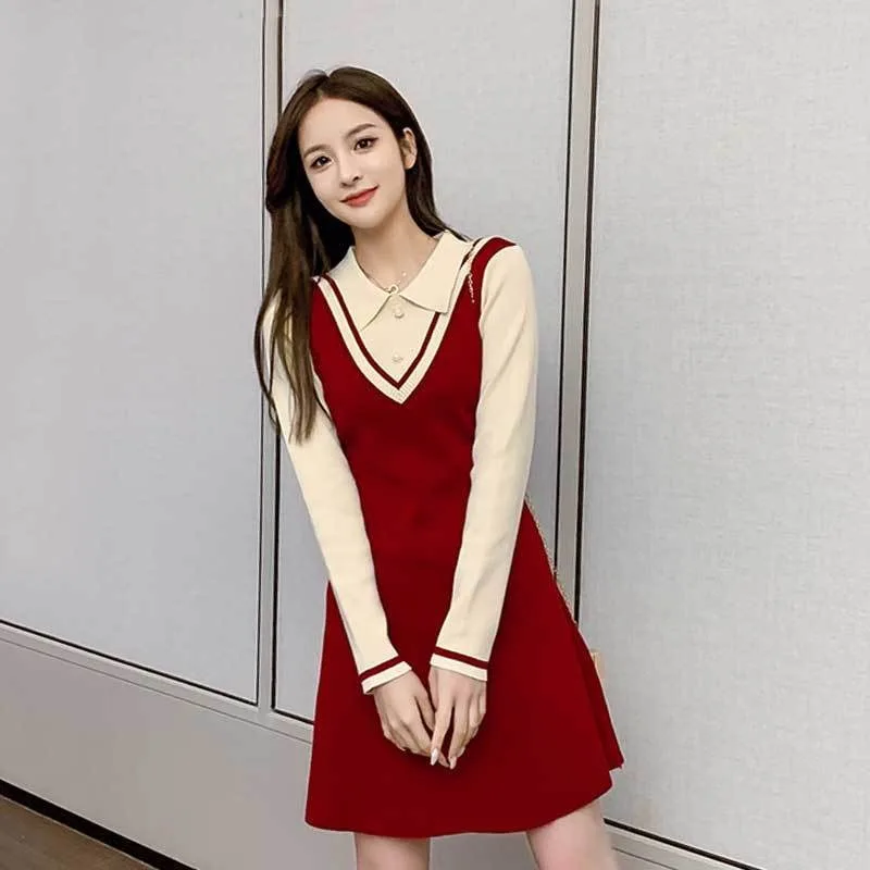 

Dress 2023 Autumn/Winter Women Combination Fake Two Piece Knitted Dress Medium Length Sweater with A-line Underlay Dress Female