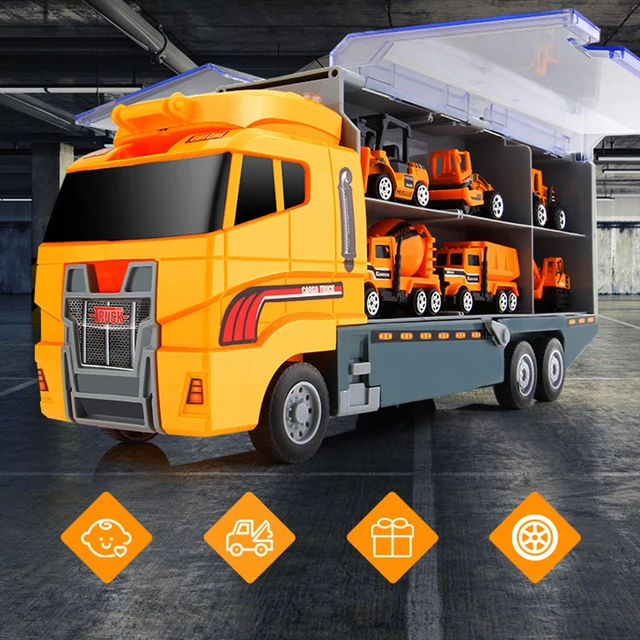 Alloy Car Model Kids Toy Big Container Transporter Set with 6Pcs Mini Engineering Vehicle Fire Truck Racing Car Children Gifts 6