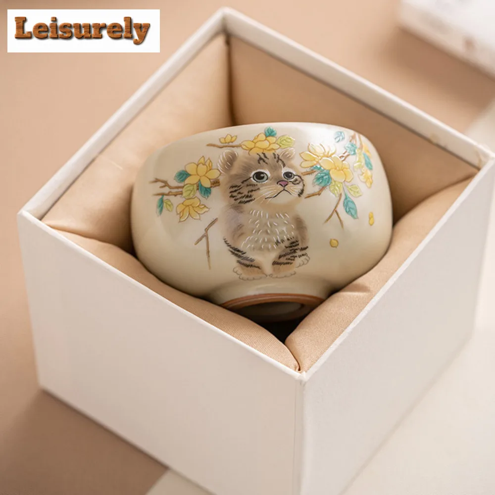 Imitation Song Cream Ru Kiln Teacup Cute Cat Water Jug Large Capacity Tea Bowl Opening Master Mug Meditation Cup Kung Fu Teaset