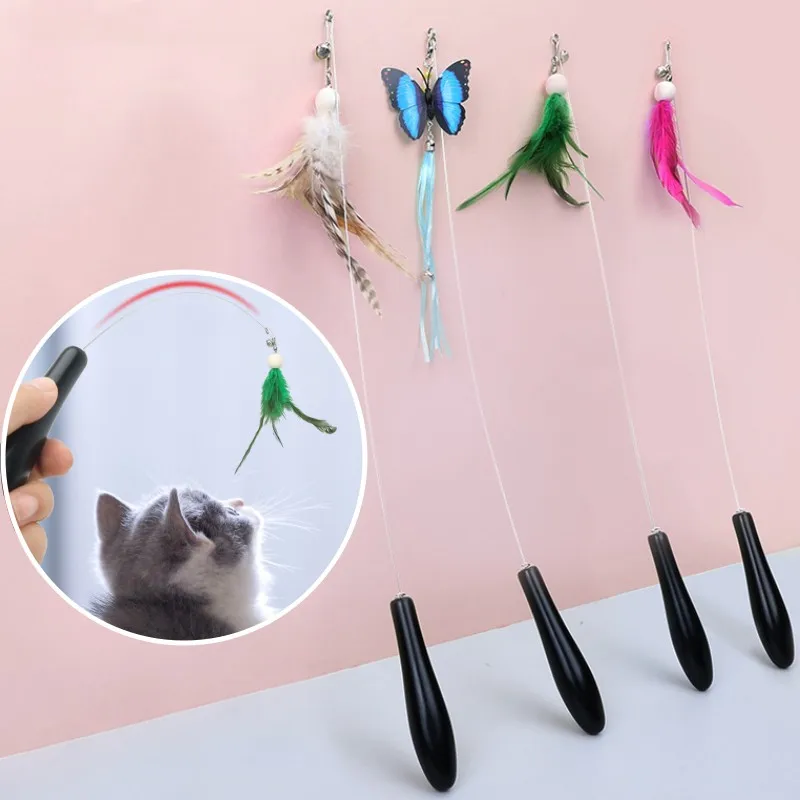 

Cat Toy Funny Cat Toys Interactive Solid Wood Handle Toys for Stick Cats Stick Feather Butterfly Cats Toy Steel Wire Pet Sticks