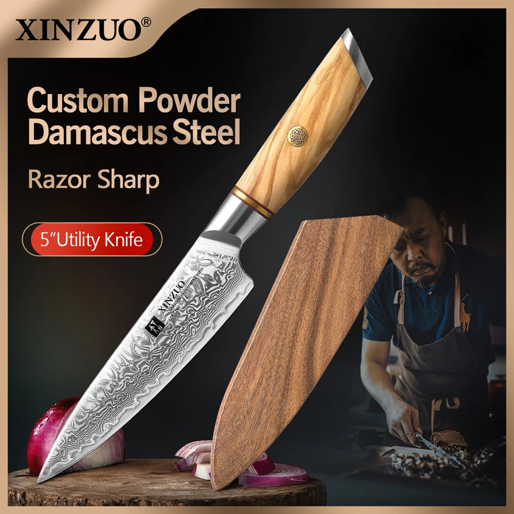 XINZUO 5" inch Utility Knife Kitchen Knives Japanese 73-layer Powder Steel Core Damascus Steel 62-64 HRC Vegetable Peeling Knife