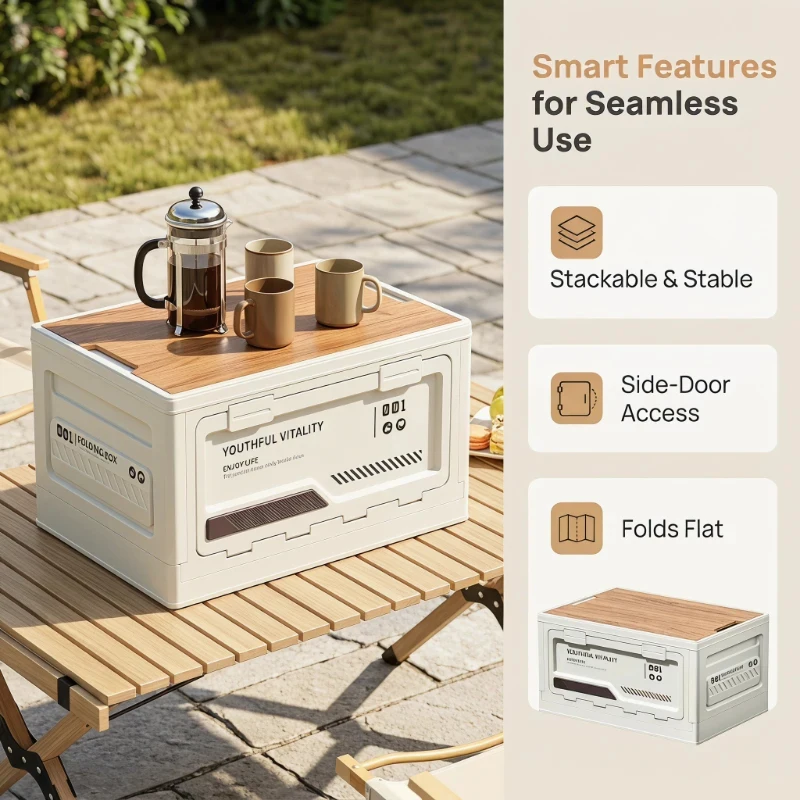 Folding Storage Box with Wooden Lid Car Trunk Organizer Multifunctional Box for Outdoor Camping Home Daily Storage - 6