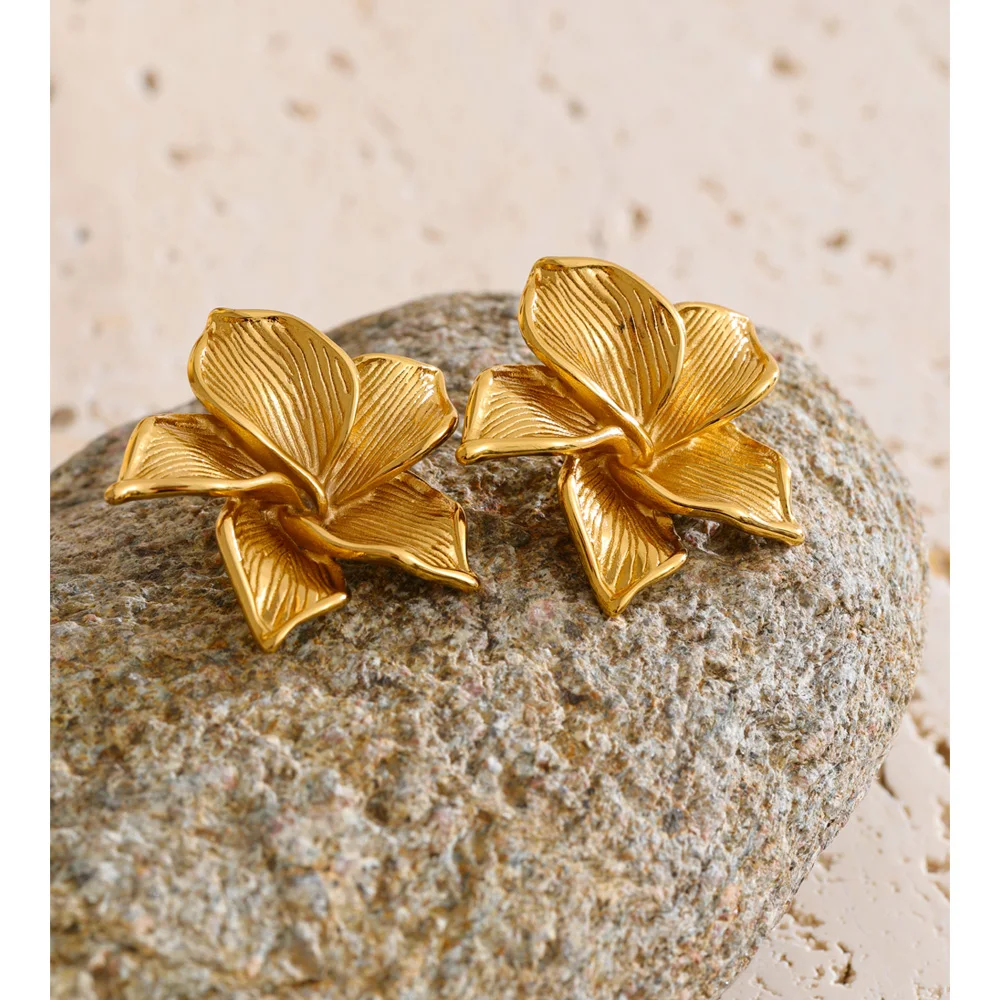 Yhpup 2025 Stainless Steel Metal Flower Stud Earrings Waterproof 18K PVD Plated