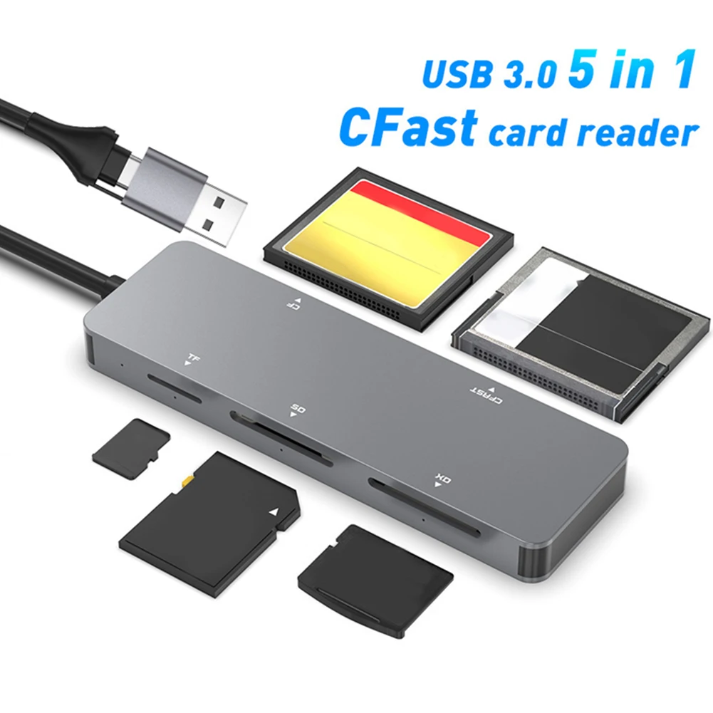 5 in 1 Multi Memory Card Reader 5Gbps CFast+XD+CF+SD+TF Reader Multi-Card Reader Adapter Type-C & USB A for Windows  OS