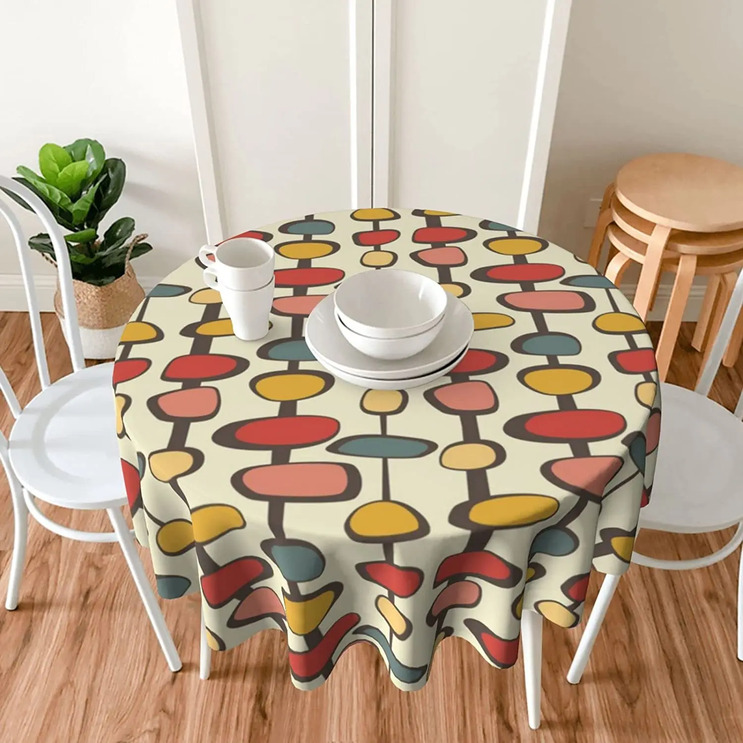 

Mid-Century Modern Round Tablecloth Stain Wrinkle Resistant Washable Polyester 60in Table Cloth for Kitchen Daily Dinning Party