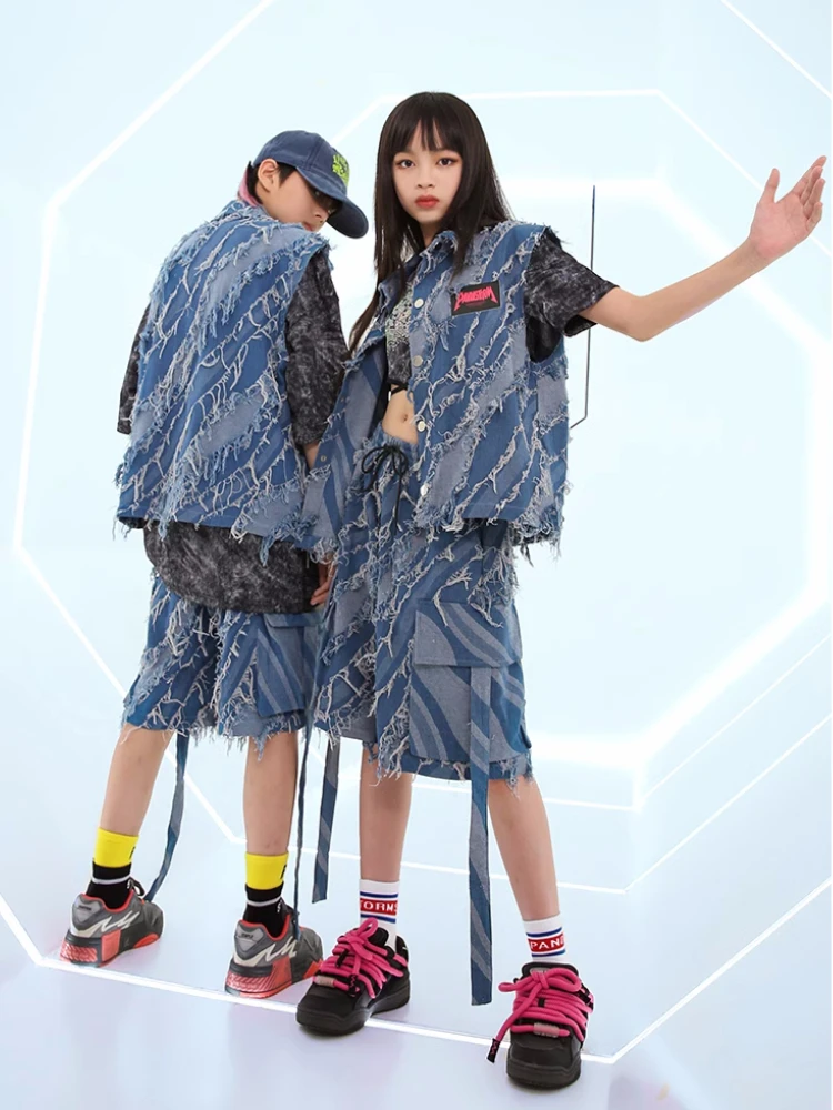 New Hip Hop Street Dance Clothes for Kids Blue Denim Vest Shorts T Shirt Boys Girls Jazz Performance Costume Teens Stage Outfits