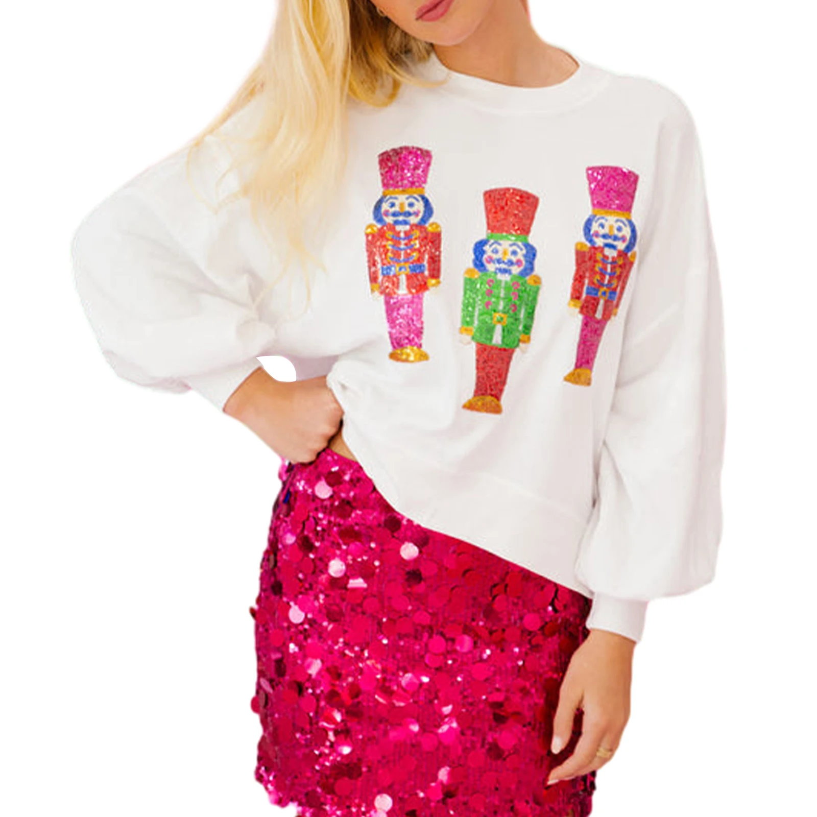 thumbnail image 1 of Sudadera de manga larga para mujer, informal, cálida, con cuello redondo, con lentejuelas y personajes de dibujos animados, para invierno, otoño, vacaciones de Navidad, 1 of 4