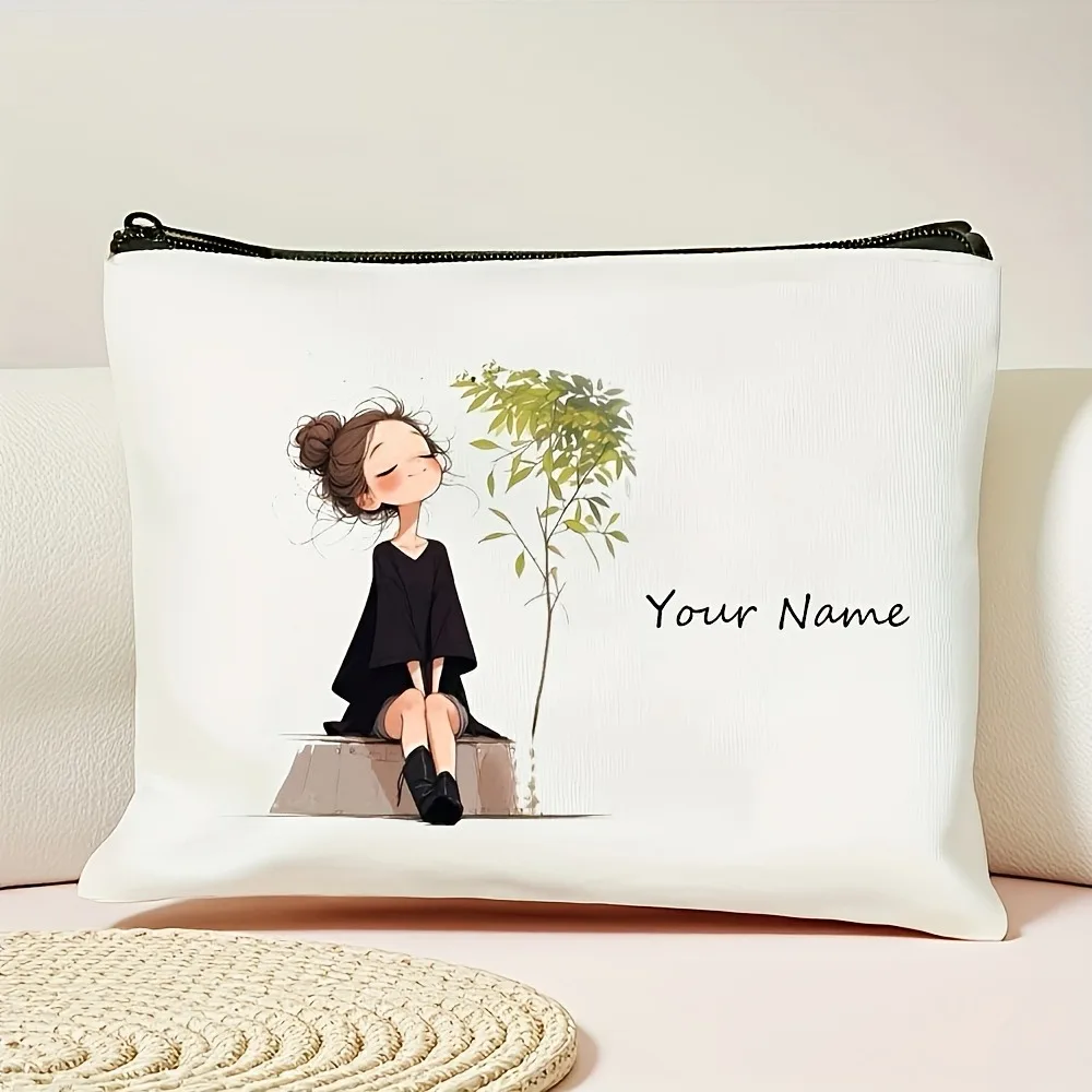 Korean-Style Anime Girl Makeup Bag - Customizable Name Beauty Case, Durable Travel Organizer, Chic Gift Pouch