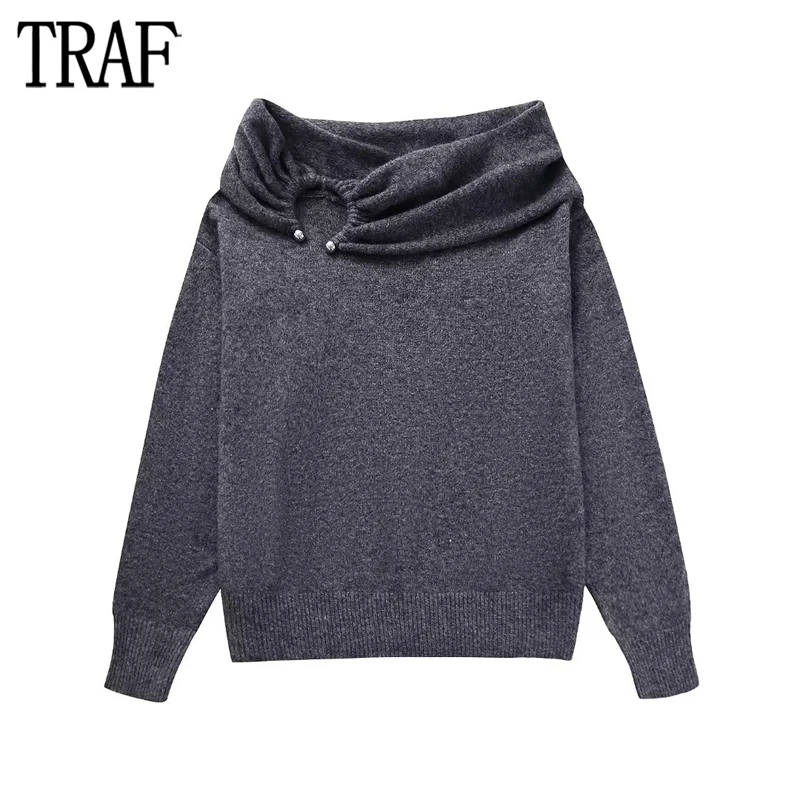 

TRAF Off Shoulder Sweaters for Women Draped Knitted Sweater Woman Long Sleeve Soft Women's Sweater Autumn Pullover New Knitwears