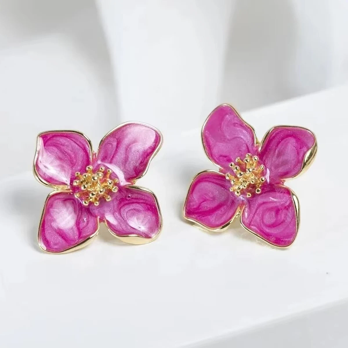Fuchsia Epoxy Flower Earrings Stud Korean Flowers Women Earring Post Spring Summer New Trendy Girls Cute Jewelrys