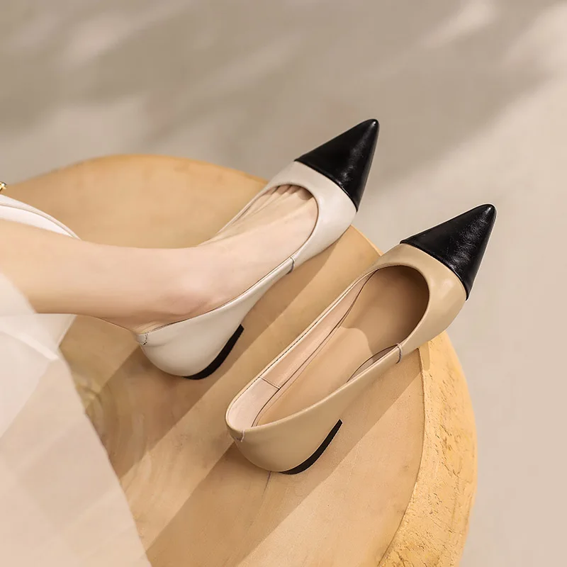 

Phoentin Genuine Leather Women's soft flats elegant pointed Toe Fashion low Heels Ladies mixed color shallow mouth shoes FT2287