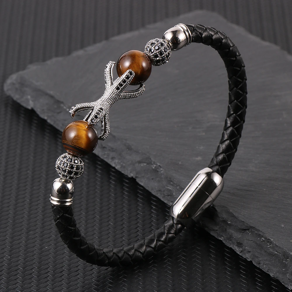 WholesaleGenuineLeatherBraceletforMenTigerEyeNaturalStoneBeadedOctopusBrassZircon