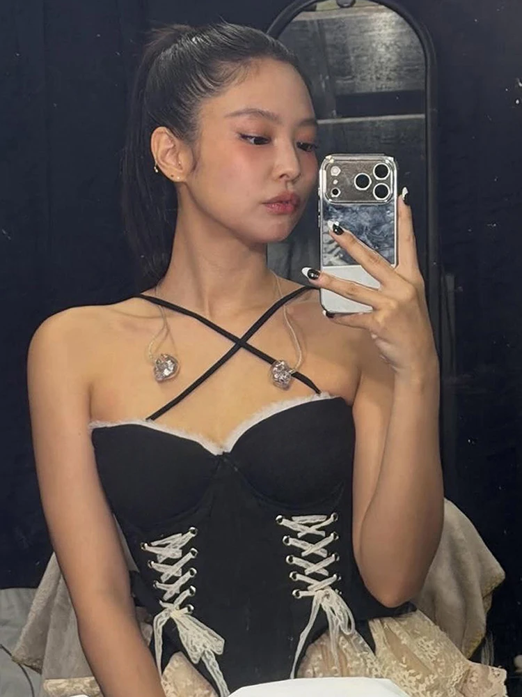 Nibber Fashion Halter Camisole Women Shirring Lace Patchwork Irregular Ruffle Hem Street Wild Music Festival Hottie Clubwear