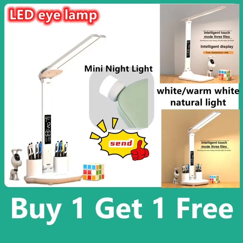 LED 시계 테이블 램프, USB 충전식 조도 조절 데스크 램프, 2 헤드 180 회전 접이식 눈 보호 독서 야간 조명