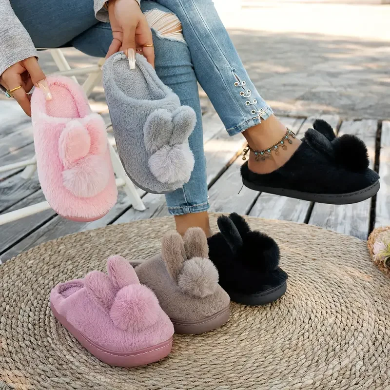 Bequeme süße Damen-Winter-Kaninchen-Hausschuhe, weiche Plüsch-Hausschuhe für den Innenbereich mit Bommel-Details, waschbare Stoff-Gummisohle – Detail 6