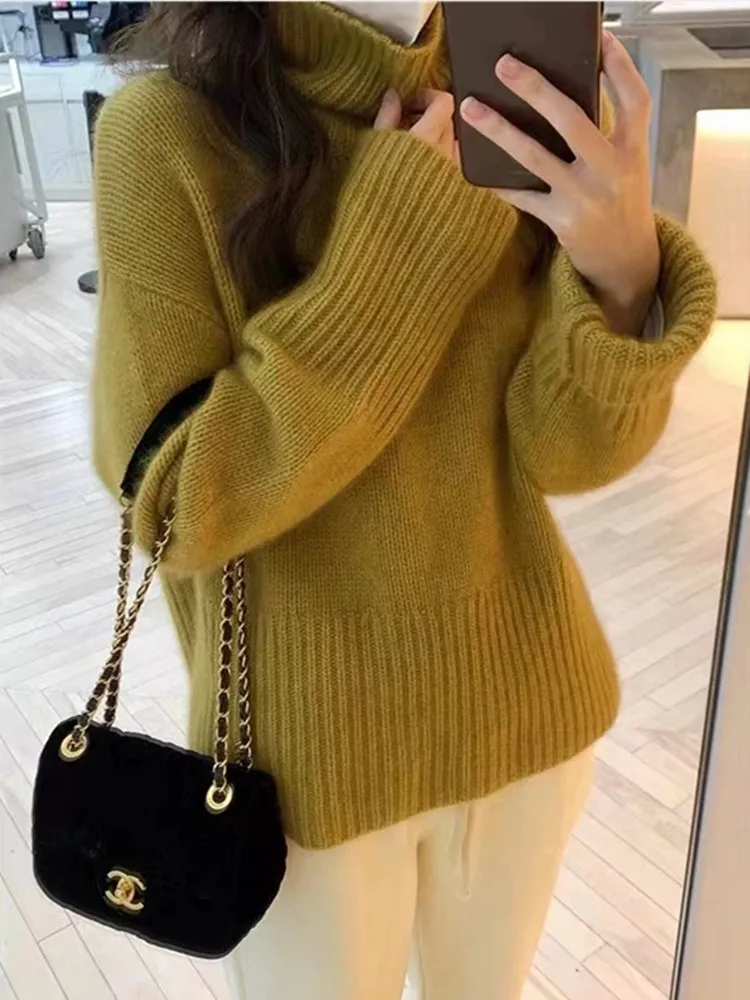 2024 Autumn/Winter New 100% Cashmere Wool Turtleneck Sweater Women's High Neck Knit Pullover Soft Comfortable Top Loose Jumper 3