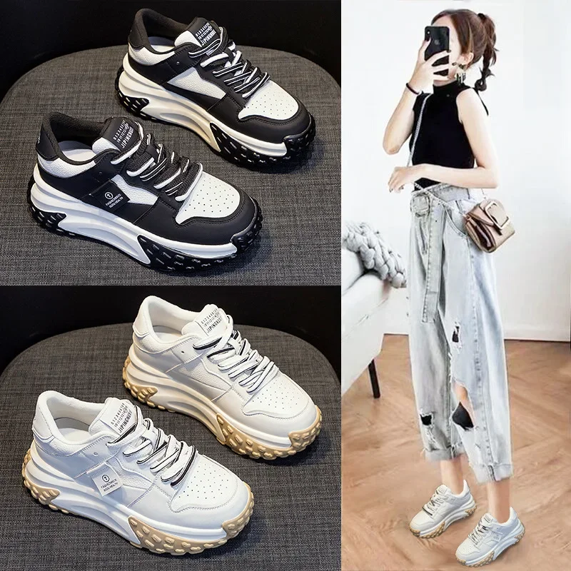 

Pops shoes autumn and winter leather women's shoes thick bottom sports casual Korean version of small white shoes female tide