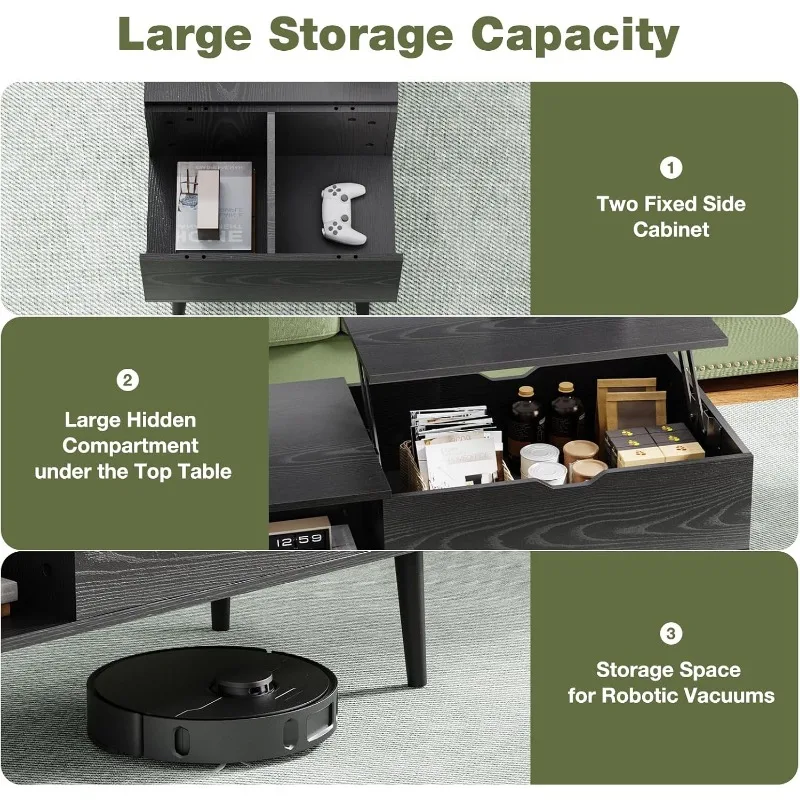 Wood Lift Top Coffee Table with Hidden Compartment and Large Storage Shelf, Lift Tabletop Dining Center Table 5