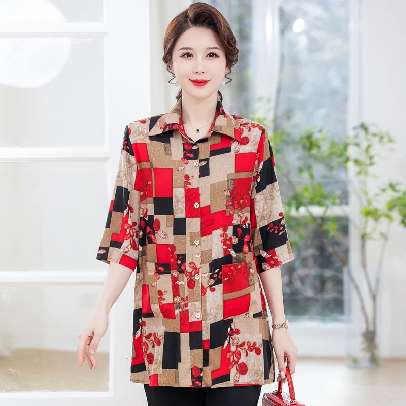 

Блузка для женщин среднего возраста, летние рубашки большого размера, новинка 2023, женские топы с рукавом до локтя, свободная винтажная женская одежда