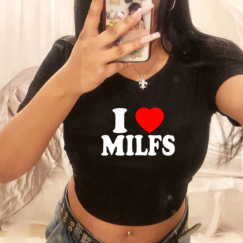 Débardeur "I Love Milfs" Avec Cœur Rouge - Coupe Classique, Léger, Manches Doubles, Pour Style Décontracté
