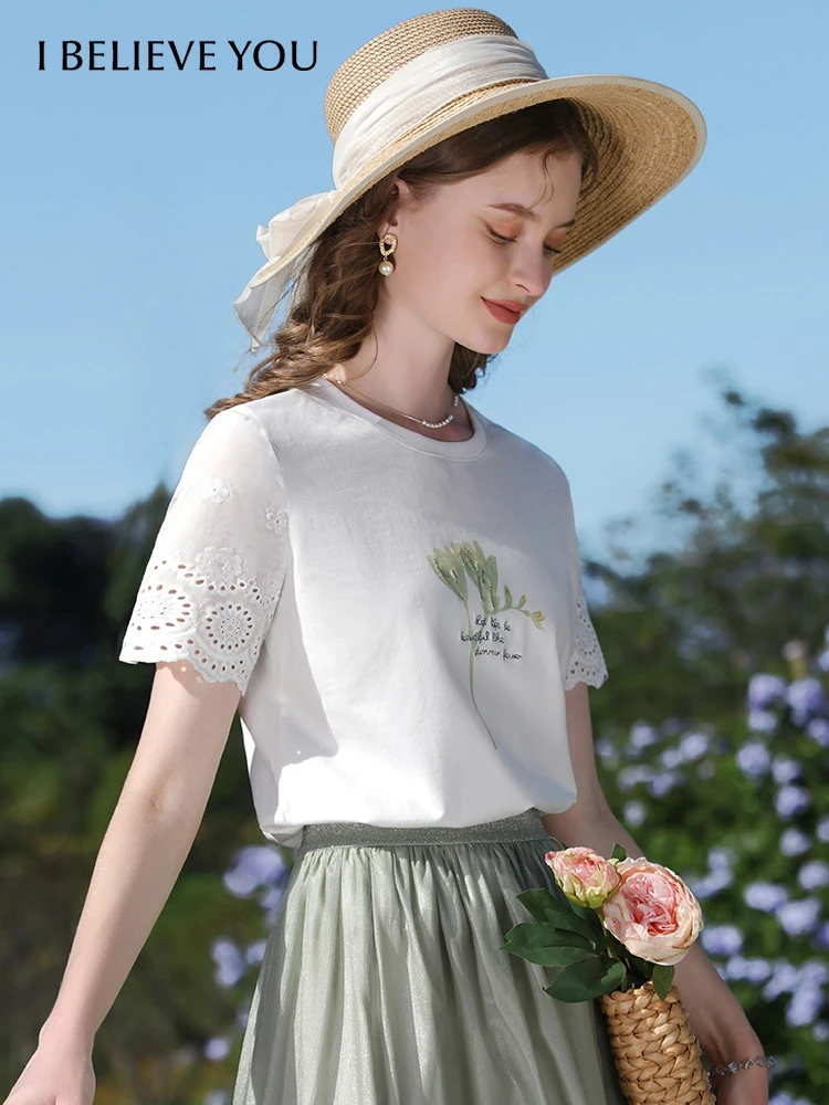 

I BELIEVE YOU Short Sleeve T-Shirts For Women 2024 Summer New O-Neck Embroidery Spliced Hollow Out Basics Casual Tops 2242015590