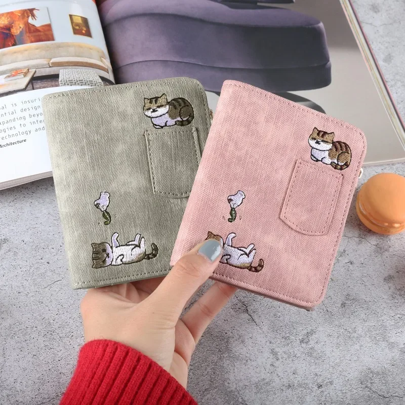 

Cute Cat Short Denim Canvas Wallet for Women Coin Money Pouch Multi-card Bit Cards Holder ID Bank Bus Credit Card Holder Wallet