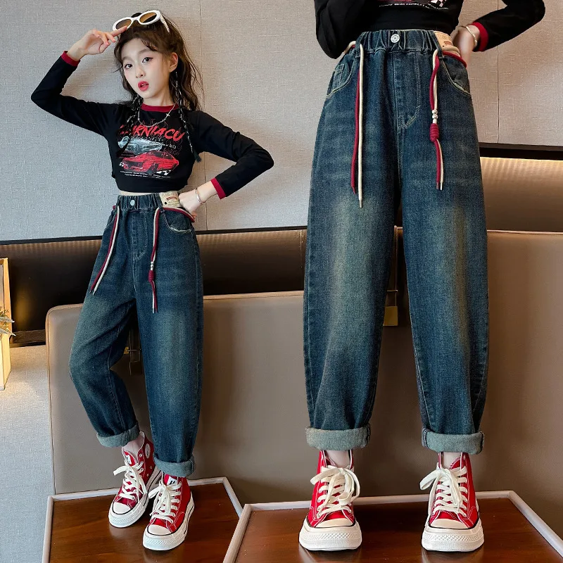 

Корейские демисезонные джинсы для девочек-подростков, спортивные брюки для школьниц, детские брюки для девочек, спортивные брюки, Классические джинсовые брюки для девочек