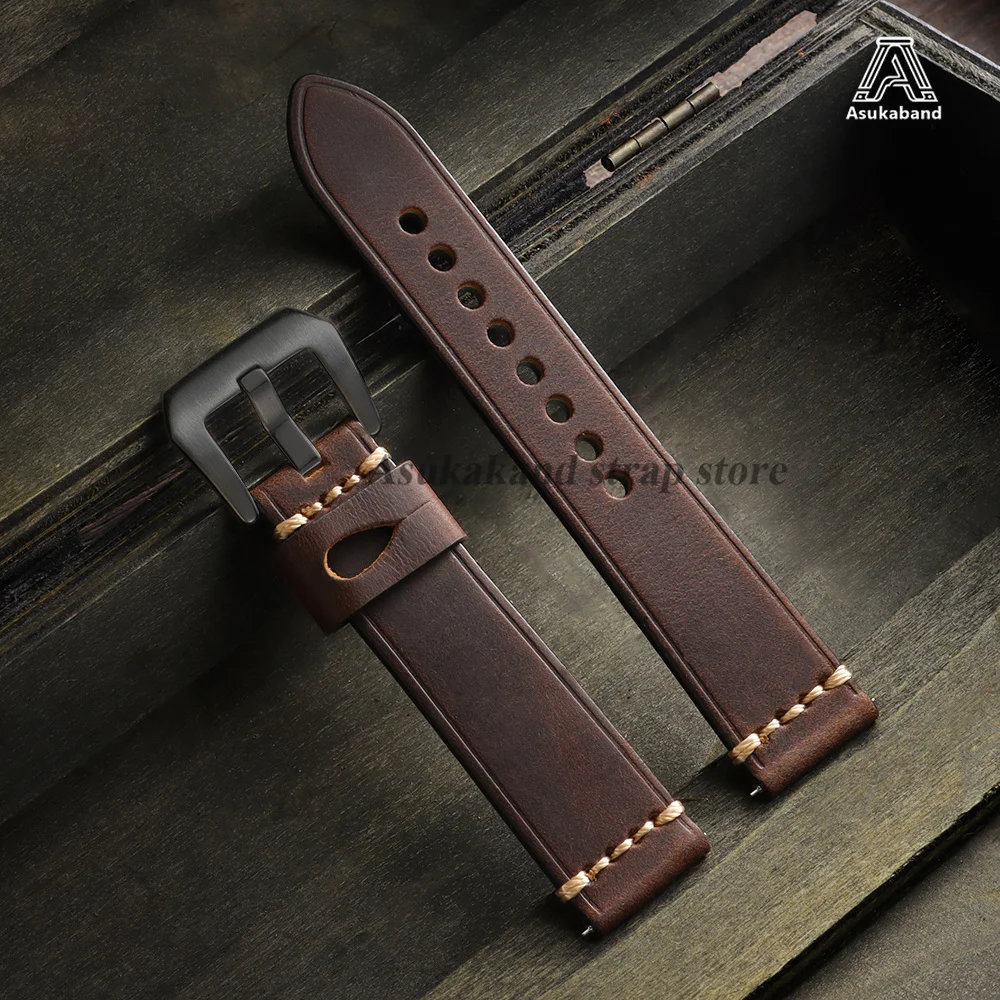 Vintage Crazy Horse Oil Wax Leather Watch Strap with Pin Buckle - Universal Men's Accessory