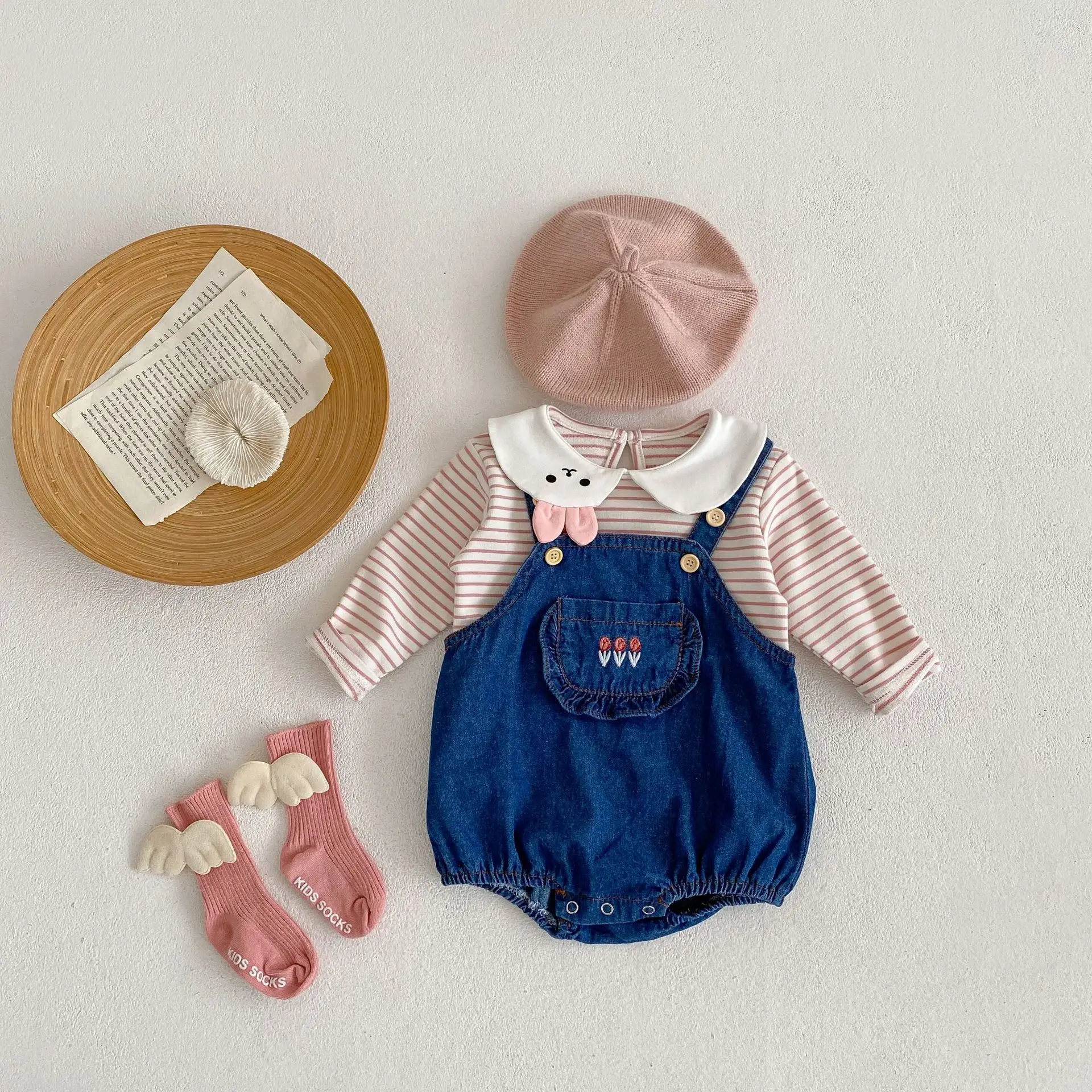 

0-3Y Baby Clothes Girls Cute Rabbit Peter Pan Collar Striped T-Shirt Tops Toddler Kids Pocket Denim Overalls Newborn Bodysuits