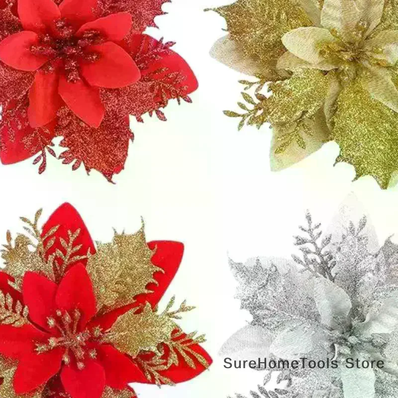 5Pcs Glitter Artifical Flowers 14CM Fake Flowers Christmas Decoration Xmas Tree Ornament New Year Navidad 2026 Gift Accessory