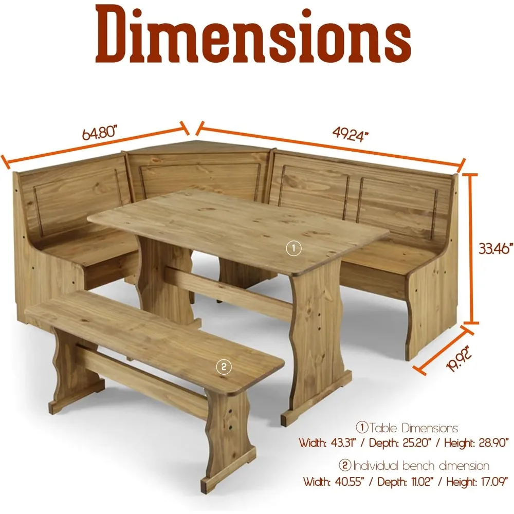 Solid Wood Corner Dining Set 64.8" W x 19.9" D x 33.4" H- Farmhouse Table and Bench Set, Farmhouse Furniture for Dining Room 2