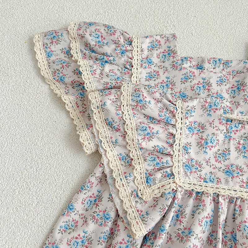 0-6Yrs Sister Matching Outfit Princess Dress Toddler Baby Girls Flower Lace Dresses Summer Girl Baby Romper Blue Princess Romper 5