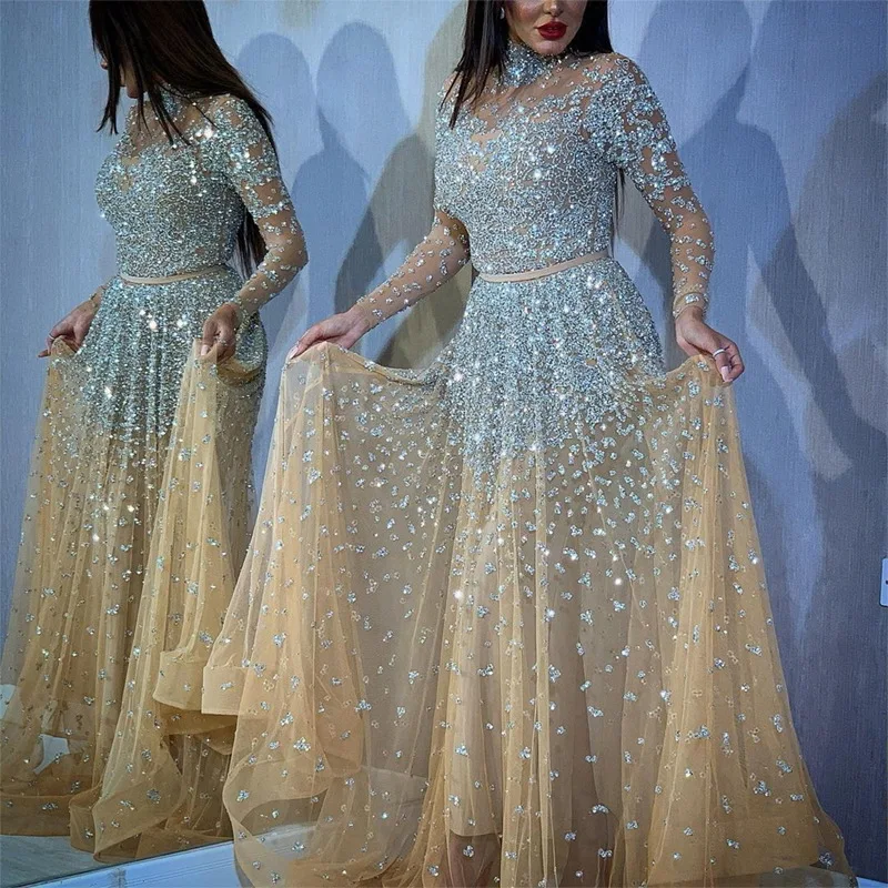 

Womens 2022 Dresses Long Sleeve High Neck Gilding Evening Dress Sexy Ladies Elegant Wedding Prom Dress Clothes Clothing