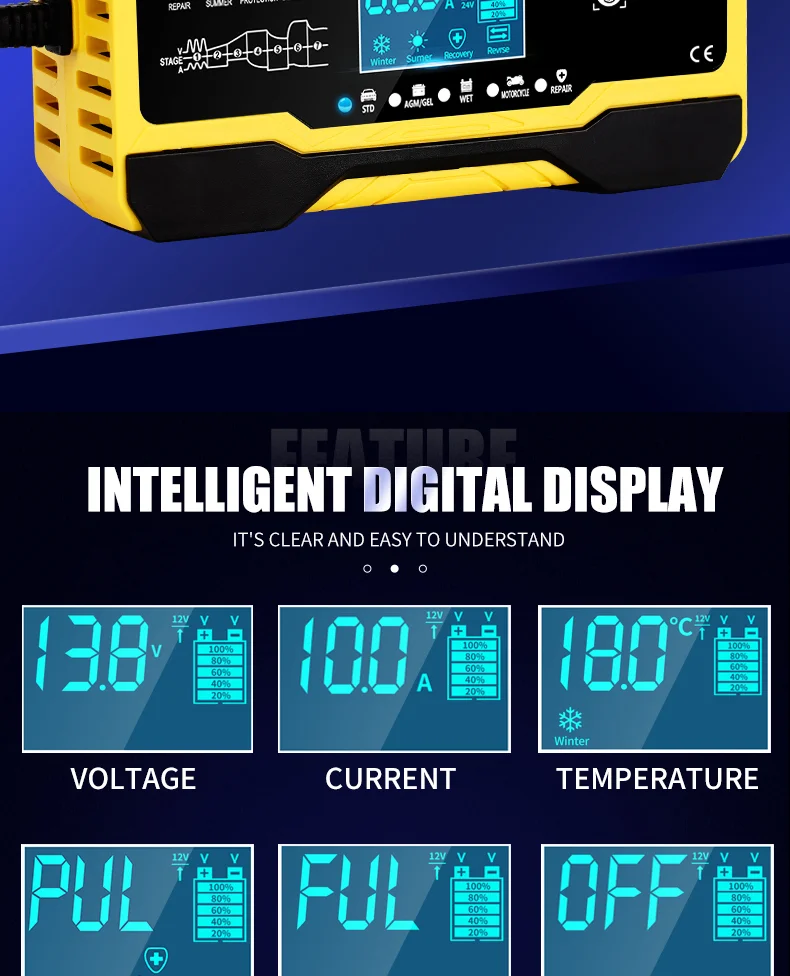 12V-24V Car Battery-Charger Full Automatic 12V 10A Digital Car Battery Charger Pulse Repair for AGM GEL WET Lead Acid