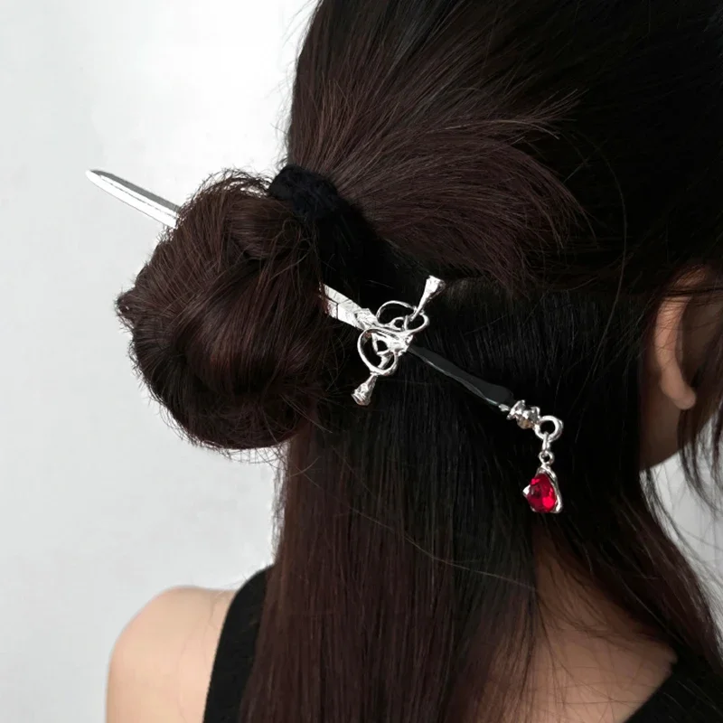 Hair Accessory Creative Sword Ruby Pendant Hairpin Vintage Chinese Style Sword Hair Stick Punk Hair Clip Dish Accessories