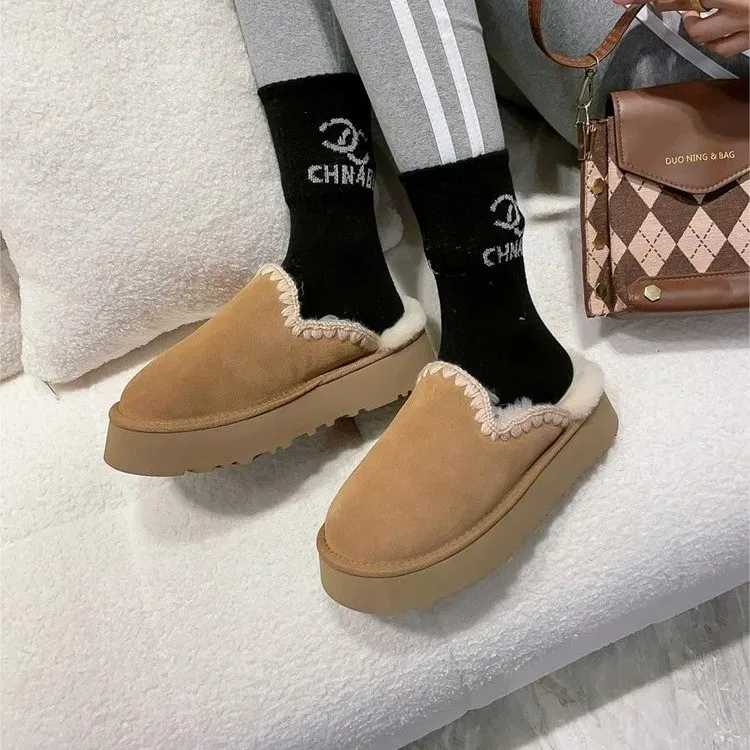 

New Winter Women Casual Fur Slippers Integrated Platform Snow Boots with Pile Warm Cotton Shoes