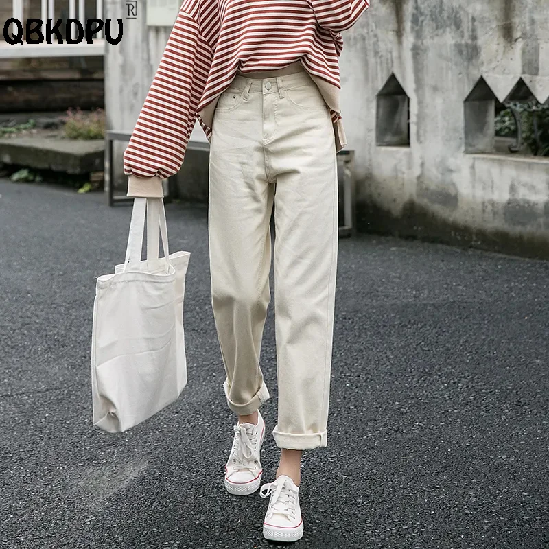 Pantalones Vaqueros Beige rectos informales para mujer, pantalón de cintura alta a moda coreana, Vaqueros holgados hasta el tobillo de 90 94cm, talla grande| | - AliExpress