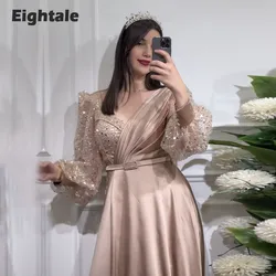 Eightale Luxury Evening Dresses Rose Champagne Long Puffy Sleeves Sparkly A-Line Floor Length Prom Party Gown Sukienki Wizytowe