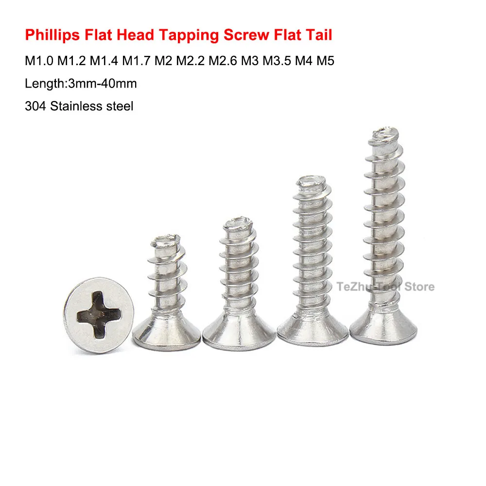 

M1.0-M5 Phillips Countersunk Head Self Tapping Screw Flat Tail 304 Stainless Steel Cross Recessed Flat Head Wood Screws