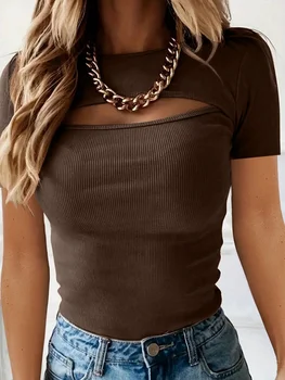 2024 European And American Summer Cross-Border New Women's Round Neck Chest Open Short Sleeve T-shirt 1