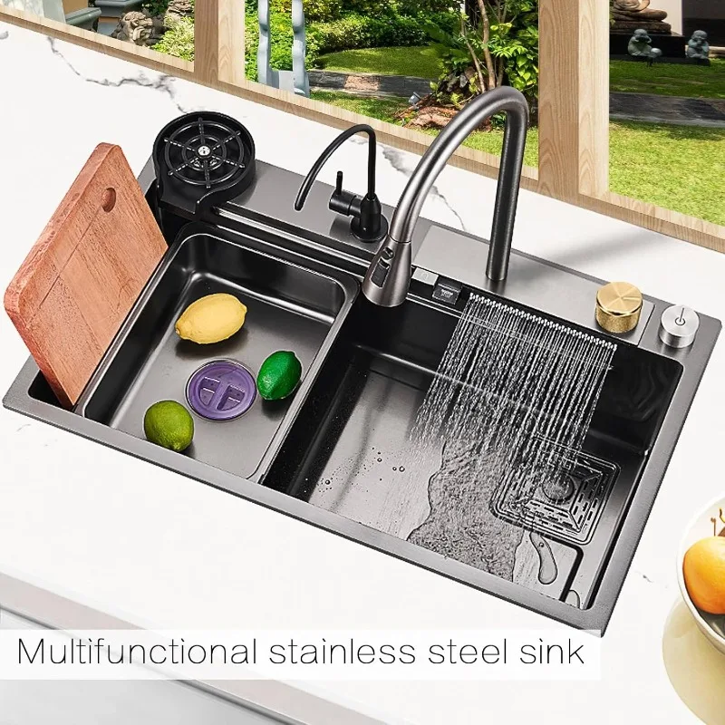 Waterfall Kitchen Sink Black Single Bowl Stainless Steel Bar Sink Undermount of Countertop Installation with Accessories Black 2