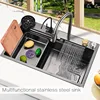 Waterfall Kitchen Sink Black Single Bowl Stainless Steel Bar Sink Undermount of Countertop Installation with Accessories Black 2