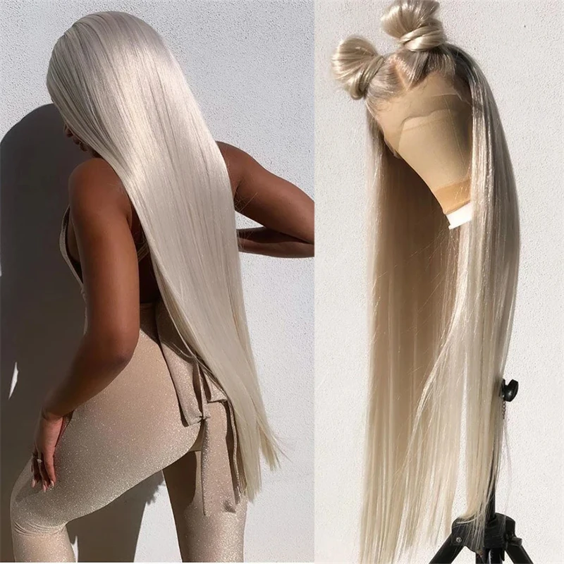 Synthetic Lace Front Wigs Platinum Blonde Ash Roots Colored Natural Hair HD Lace Wig Glueless Mixed Human Hair Wigs 30inchs Sale Synthetic Human Hair Wig