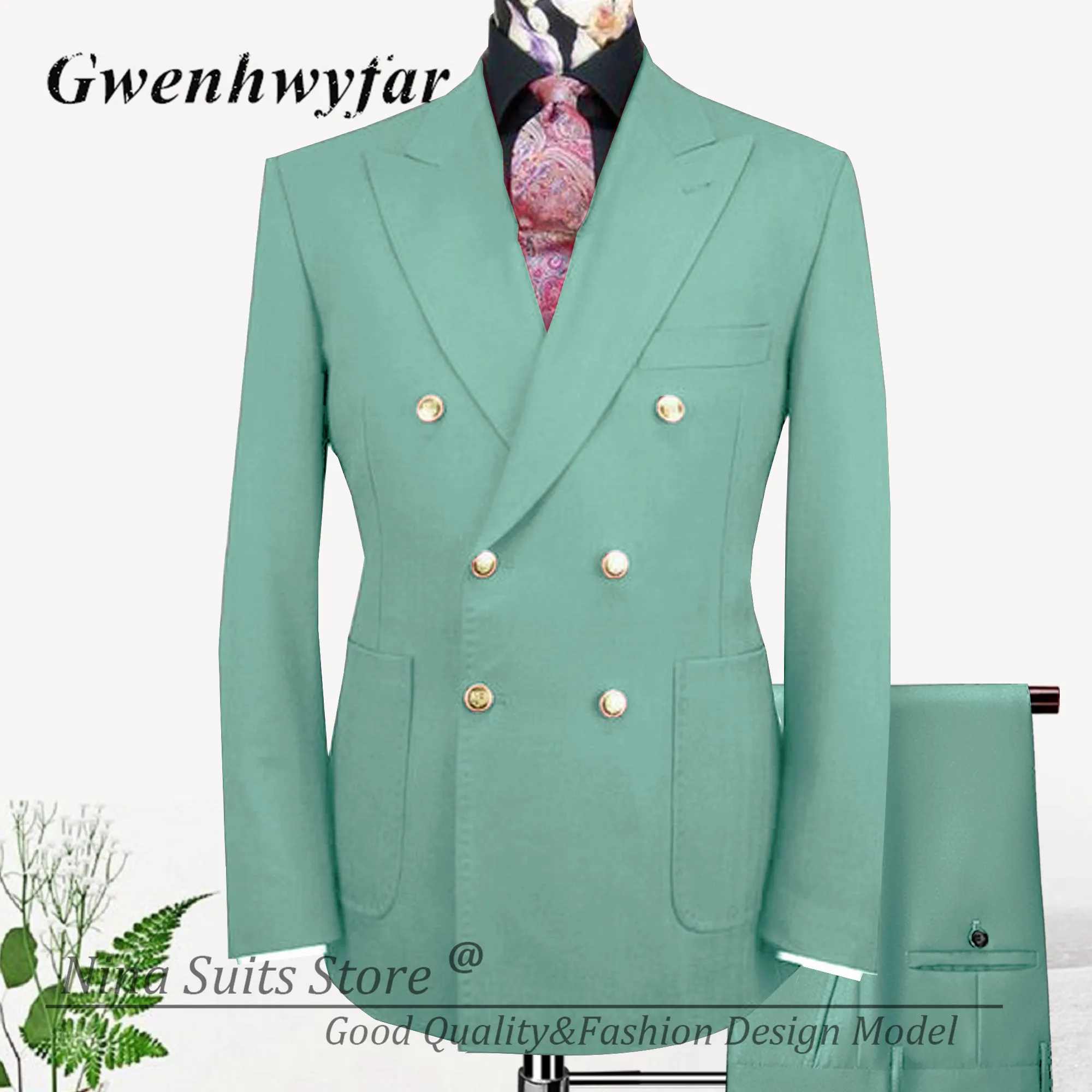 Nina Store Hot Pink Men Suits 2 Pieces Tailor-made Double Breasted Jacket with Gold Button for Wedding Male Party Costume
