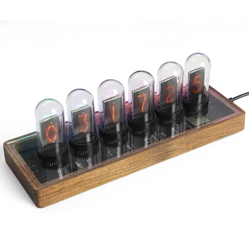 Destiny Stone Gate IPS Nixie Clock Cyberpunk Aluminum Alloy Computer Desktop Ornament Digital Glow Nixie Tube Clock walnut  