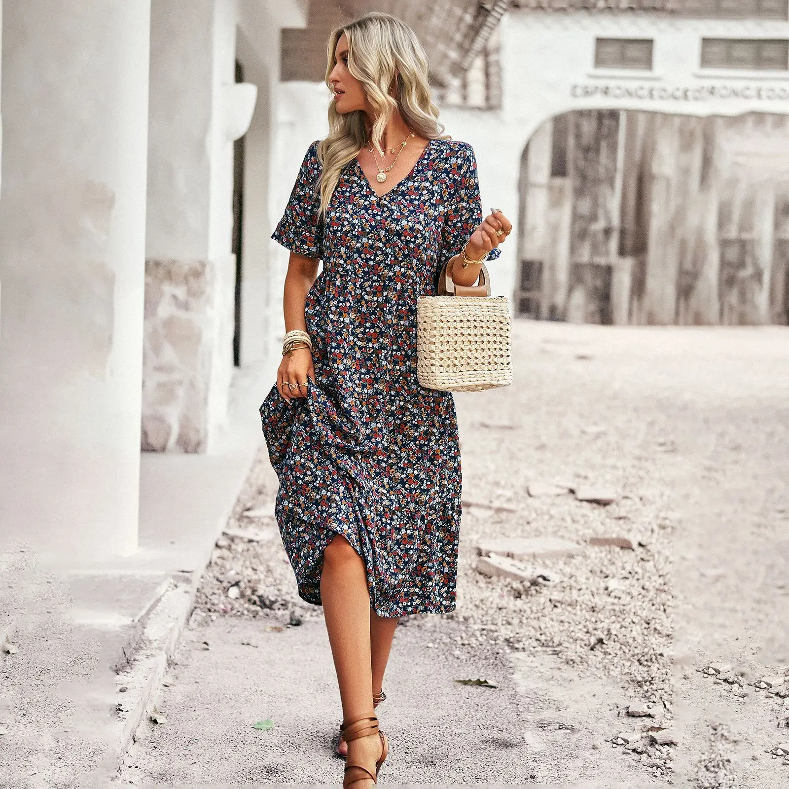 

Elegance Short Sleeve Print Dress for Women Casual V-neck Long Dresses Lady Summer Bohemian Seaside Dresses Casual Holiday Style