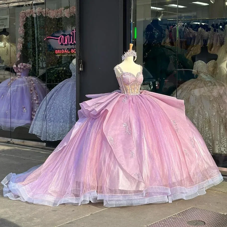 Luxury Exquisite Pink Princess Quinceanera Dresses Ruffles Puffy Applique Corset Off-Shoulder Vestido De 15 A&ntilde;os quincea&ntilde;eras
