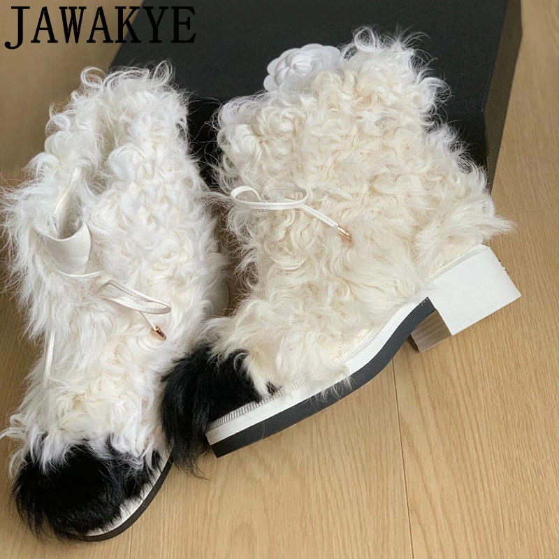 

2023 Winter New Curly Wool Chunky Heel Mid Calf Boots For Women Designer Lace Up Snow Boots Fashion Week Hairy Fur Botas Mujer