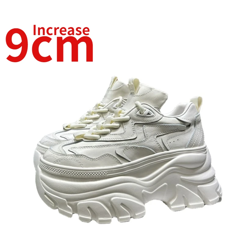 

Europe/American Street Style Design Casual Shoes for Women Genuine Leather Height Increased 9cm British White Sports Dad's Shoes