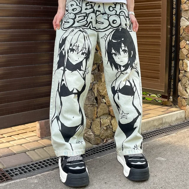 Anime Sexy Girl Print Blue Baggy Jeans New Style Wide Leg Trouser